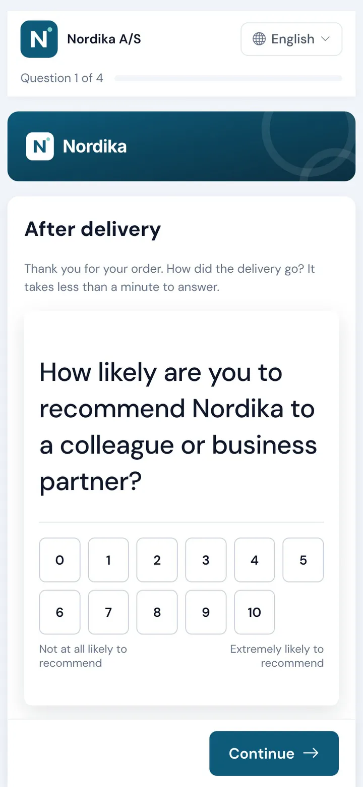 A customer answers the survey on a phone, in the sender's colours