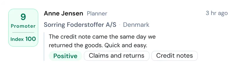 A new response from a Promoter with comment, sentiment and theme